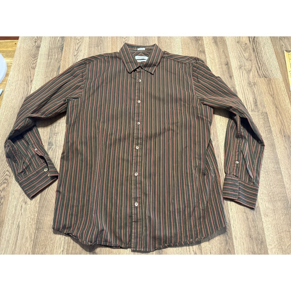 Calvin Klein Shirts Men's Size L Brown Long Sleeve Button Up Striped Modern Fit